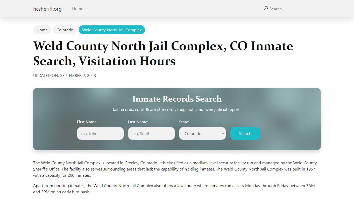 Weld County North Jail Complex, CO Inmate Search, Visitation Hours